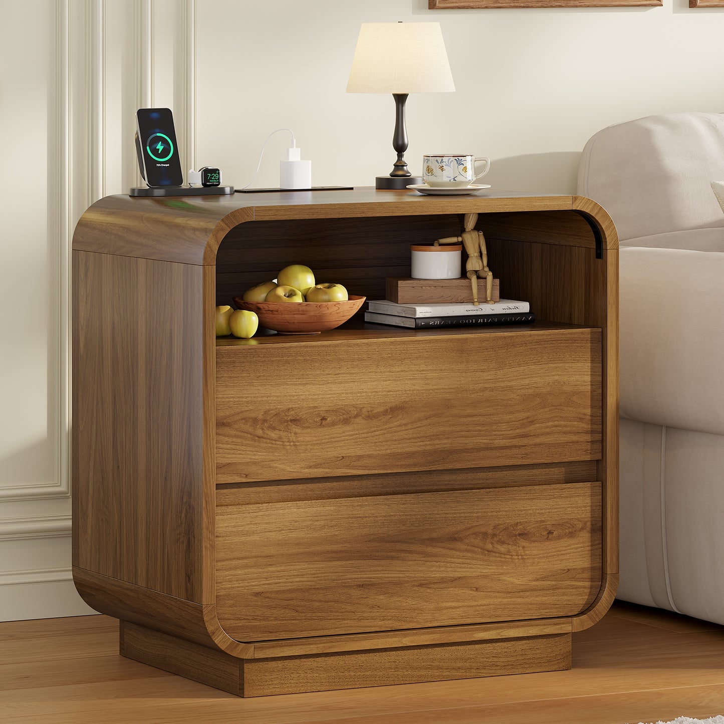HAUOMS 25 Inch Tall Nightstand with Charging Station and 2 Storage Drawers Curved Modern Mid Century End Table for Bedroom Living Room