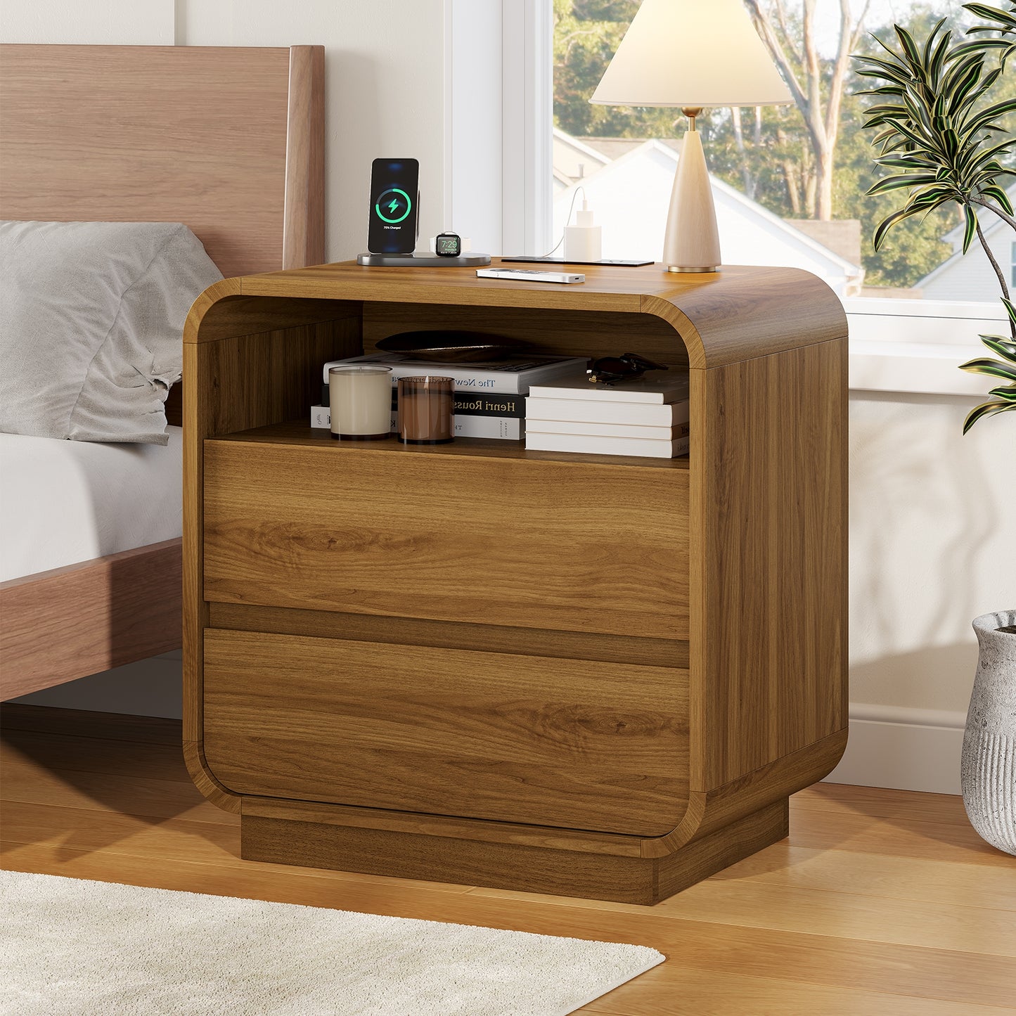 HAUOMS 25 Inch Tall Nightstand with Charging Station and 2 Storage Drawers Curved Modern Mid Century End Table for Bedroom Living Room