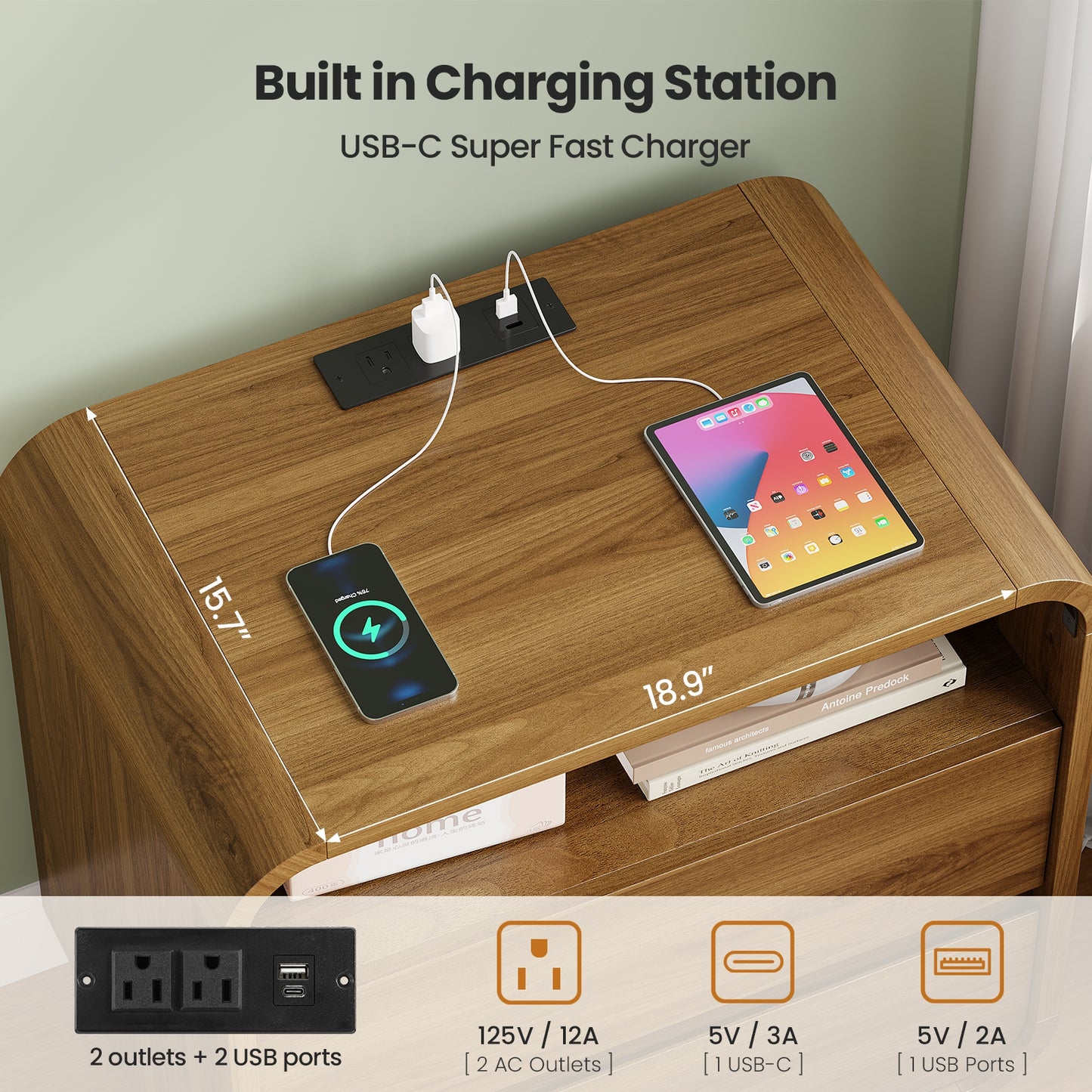 HAUOMS 25 Inch Tall Nightstand with Charging Station and 2 Storage Drawers Curved Modern Mid Century End Table for Bedroom Living Room