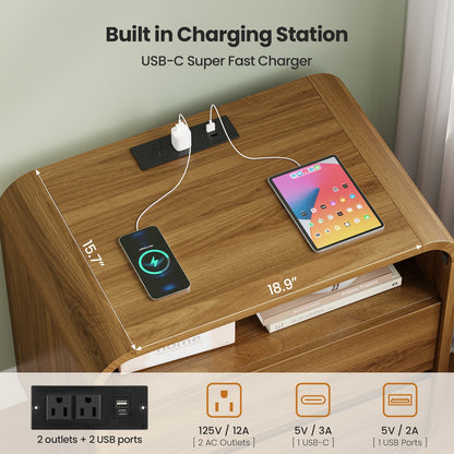 HAUOMS 25 Inch Tall Nightstand with Charging Station and 2 Storage Drawers Curved Modern Mid Century End Table for Bedroom Living Room