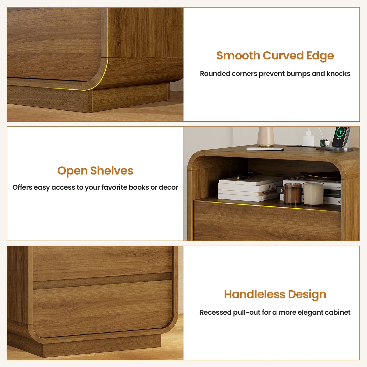 HAUOMS 25 Inch Tall Nightstand with Charging Station and 2 Storage Drawers Curved Modern Mid Century End Table for Bedroom Living Room