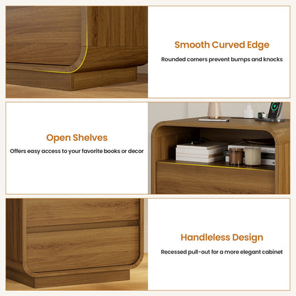 HAUOMS 25 Inch Tall Nightstand with Charging Station and 2 Storage Drawers Curved Modern Mid Century End Table for Bedroom Living Room