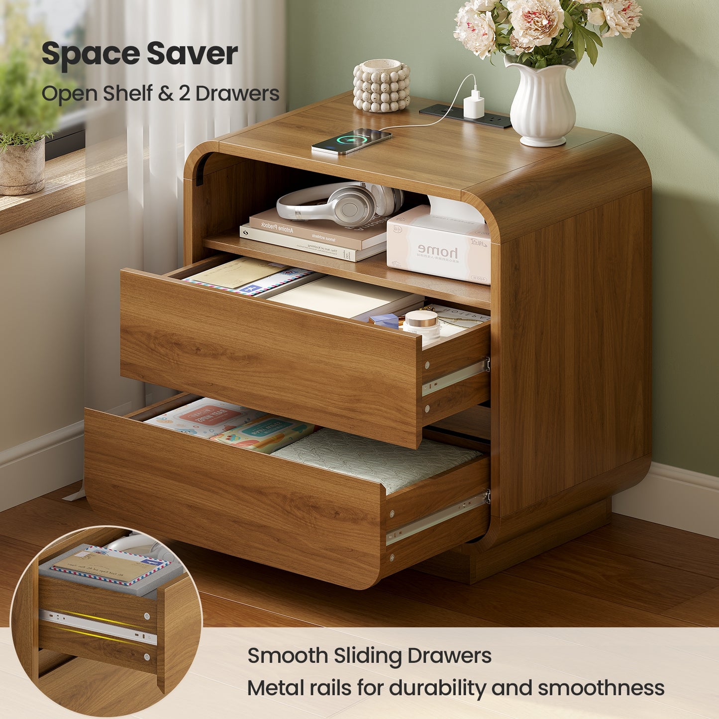 HAUOMS 25 Inch Tall Nightstand with Charging Station and 2 Storage Drawers Curved Modern Mid Century End Table for Bedroom Living Room
