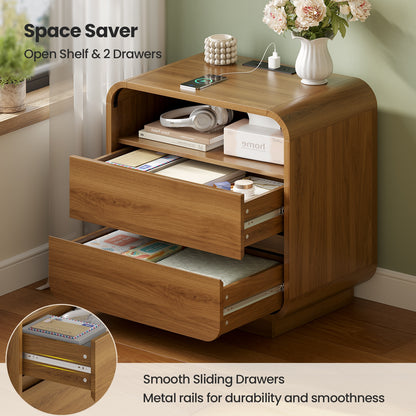 HAUOMS 25 Inch Tall Nightstand with Charging Station and 2 Storage Drawers Curved Modern Mid Century End Table for Bedroom Living Room