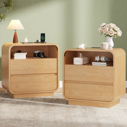 HAUOMS 25 Inch Tall Nightstand with Charging Station and 2 Storage Drawers Curved Modern Mid Century End Table for Bedroom Living Room