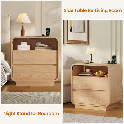 HAUOMS 25 Inch Tall Nightstand with Charging Station and 2 Storage Drawers Curved Modern Mid Century End Table for Bedroom Living Room