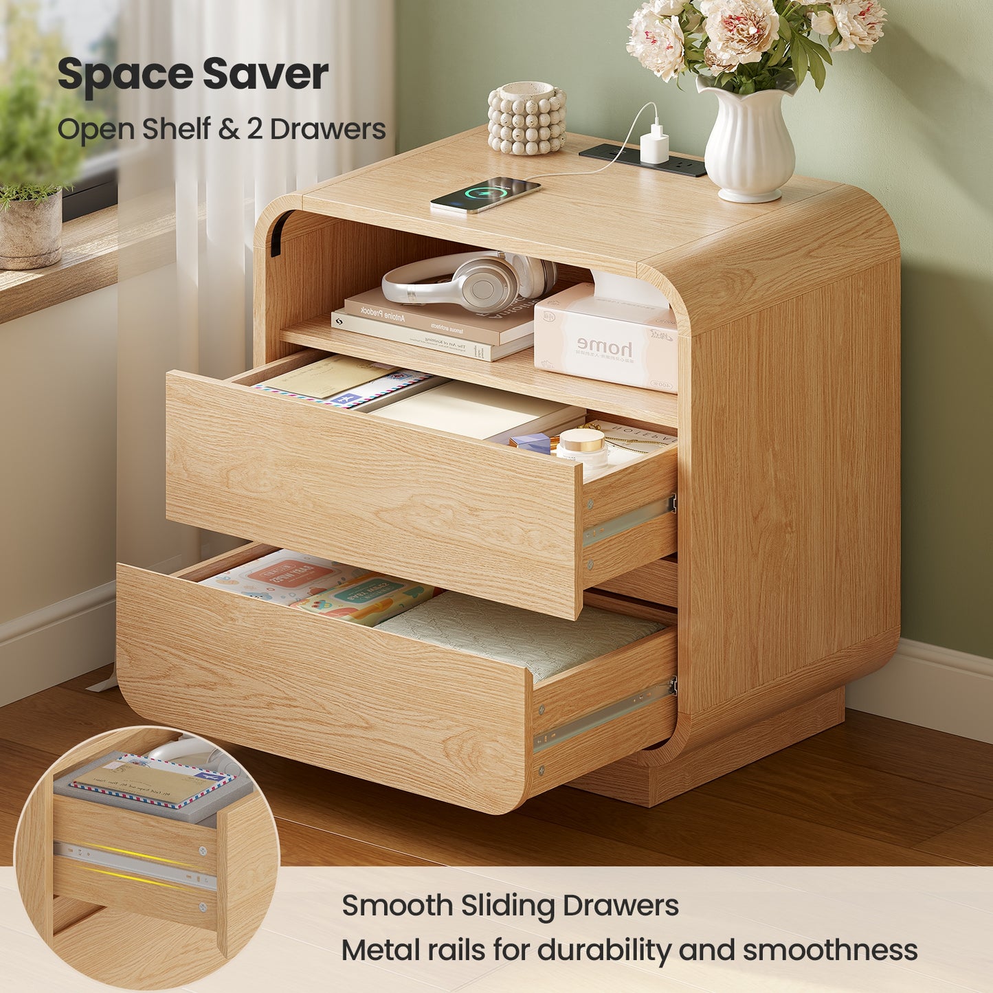 HAUOMS 25 Inch Tall Nightstand with Charging Station and 2 Storage Drawers Curved Modern Mid Century End Table for Bedroom Living Room