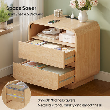 HAUOMS 25 Inch Tall Nightstand with Charging Station and 2 Storage Drawers Curved Modern Mid Century End Table for Bedroom Living Room