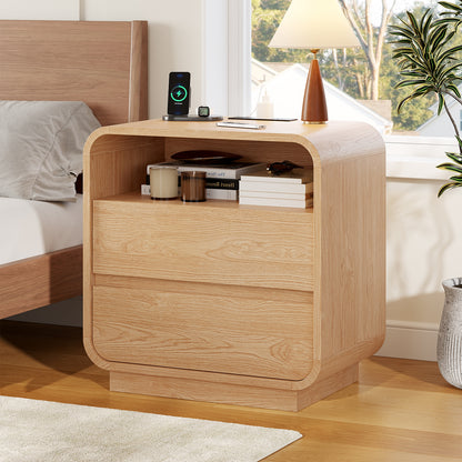 HAUOMS 25 Inch Tall Nightstand with Charging Station and 2 Storage Drawers Curved Modern Mid Century End Table for Bedroom Living Room