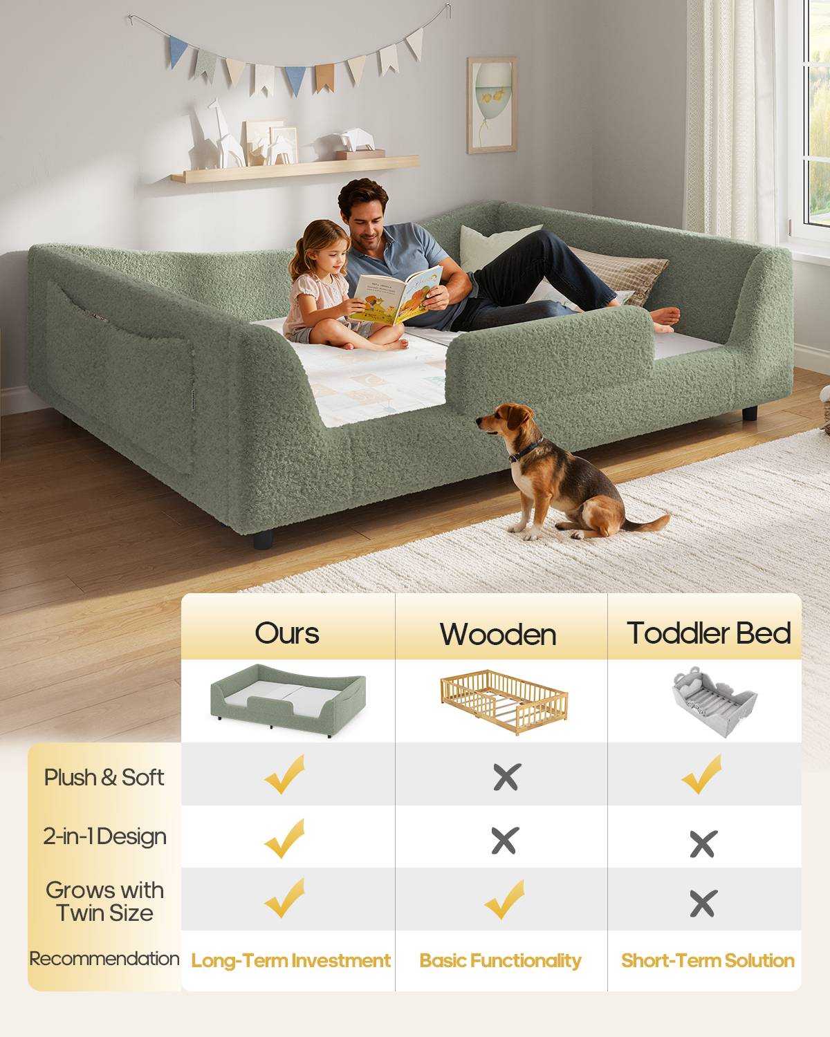 HAUOMS Full Floor Bed with Slats and High Rails 2-in-1 Convertible Beds with Upholstered Teddy Boucle Curve Round Frame for Girls and Boys