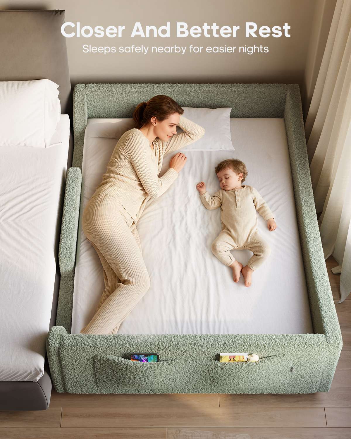 HAUOMS Full Floor Bed with Slats and High Rails 2-in-1 Convertible Beds with Upholstered Teddy Boucle Curve Round Frame for Girls and Boys