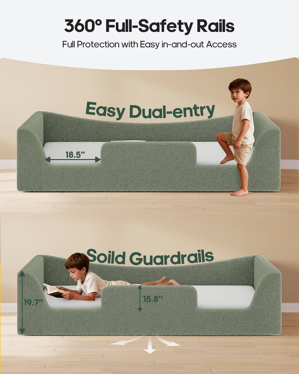 HAUOMS Full Floor Bed with Slats and High Rails 2-in-1 Convertible Beds with Upholstered Teddy Boucle Curve Round Frame for Girls and Boys