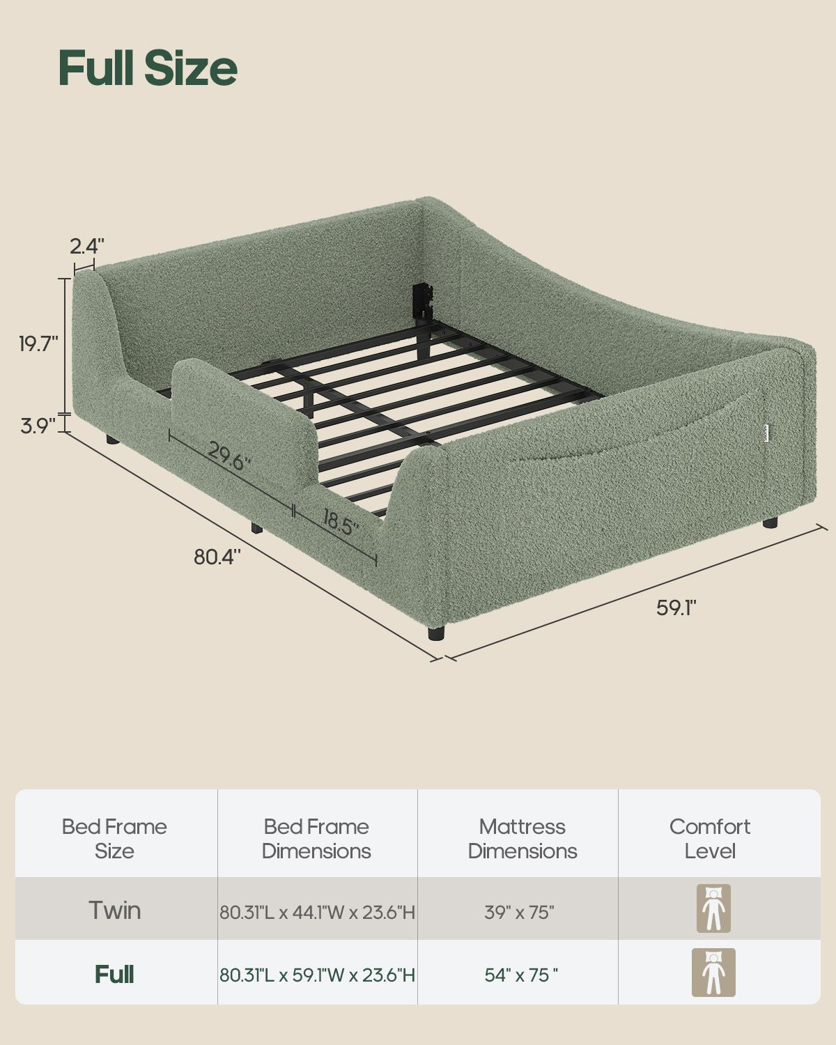 HAUOMS Full Floor Bed with Slats and High Rails 2-in-1 Convertible Beds with Upholstered Teddy Boucle Curve Round Frame for Girls and Boys