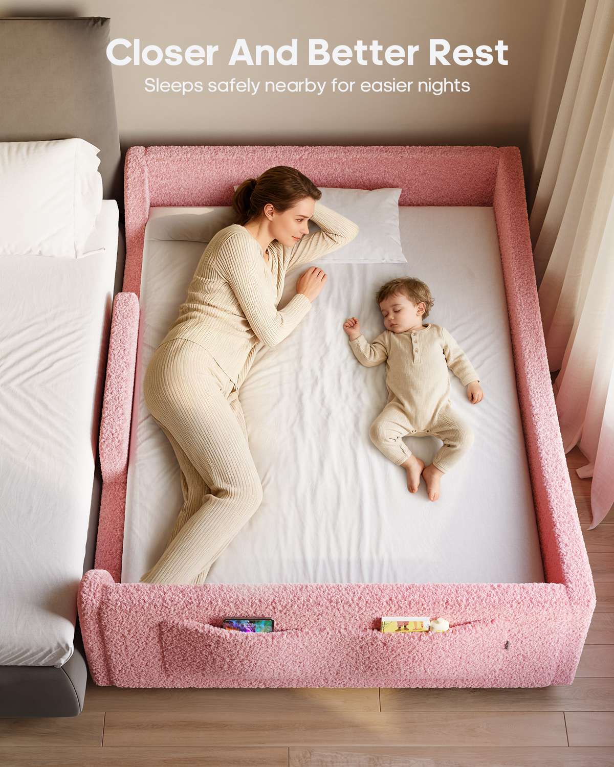 HAUOMS Full Floor Bed with Slats and High Rails 2-in-1 Convertible Beds with Upholstered Teddy Boucle Curve Round Frame for Girls and Boys