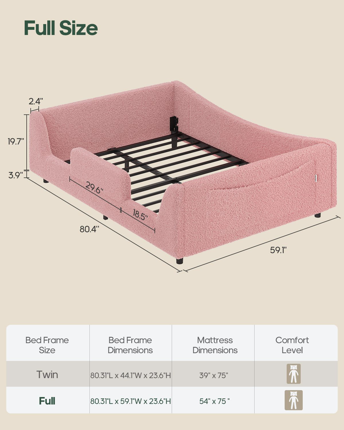 HAUOMS Full Floor Bed with Slats and High Rails 2-in-1 Convertible Beds with Upholstered Teddy Boucle Curve Round Frame for Girls and Boys