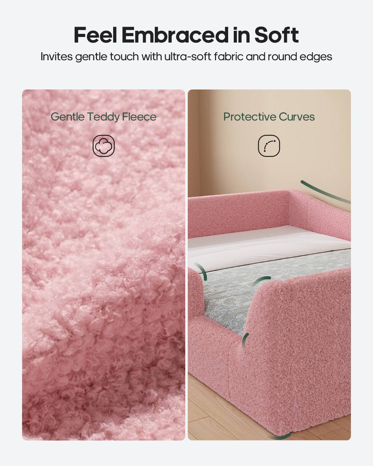 HAUOMS Full Floor Bed with Slats and High Rails 2-in-1 Convertible Beds with Upholstered Teddy Boucle Curve Round Frame for Girls and Boys