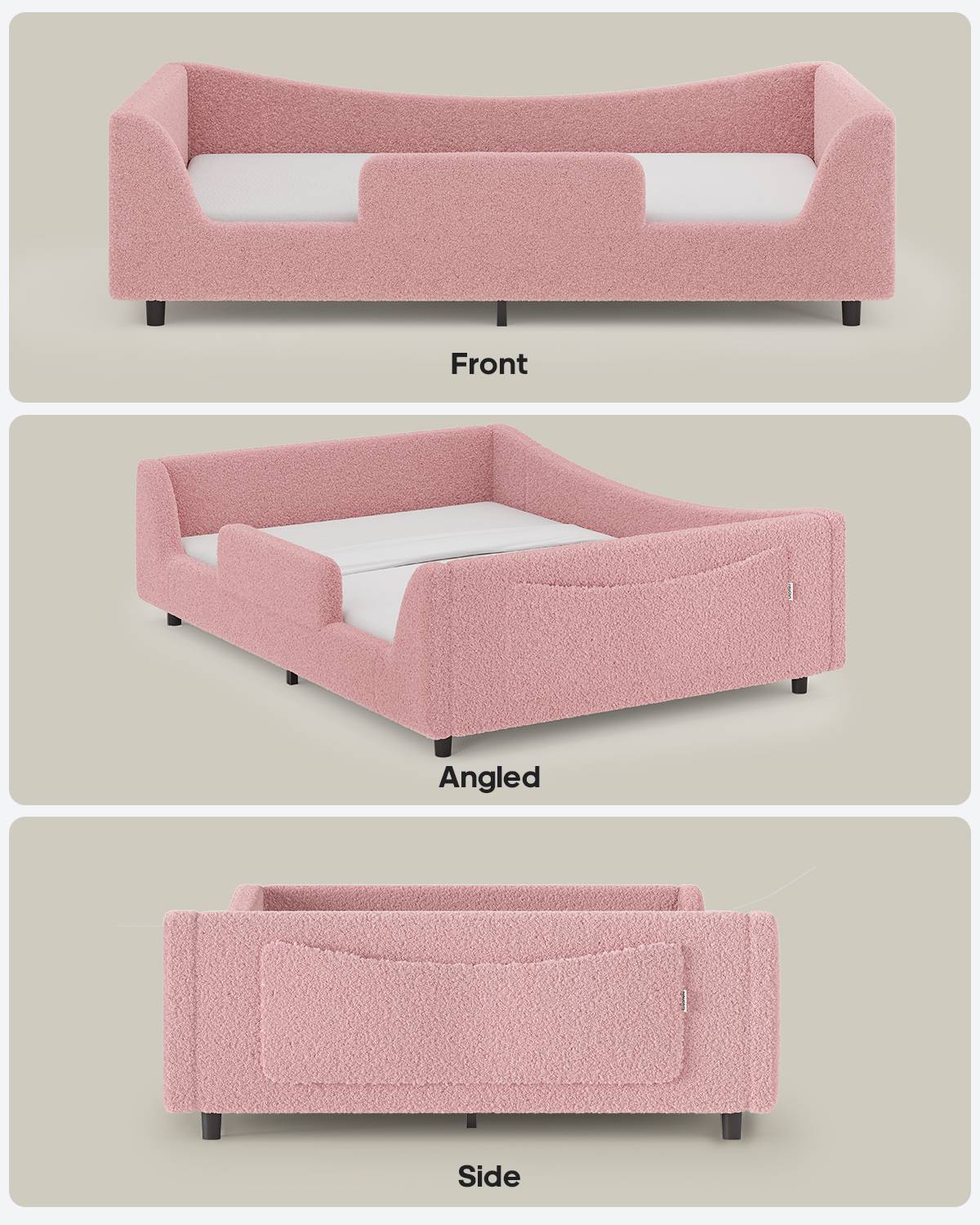 HAUOMS Full Floor Bed with Slats and High Rails 2-in-1 Convertible Beds with Upholstered Teddy Boucle Curve Round Frame for Girls and Boys