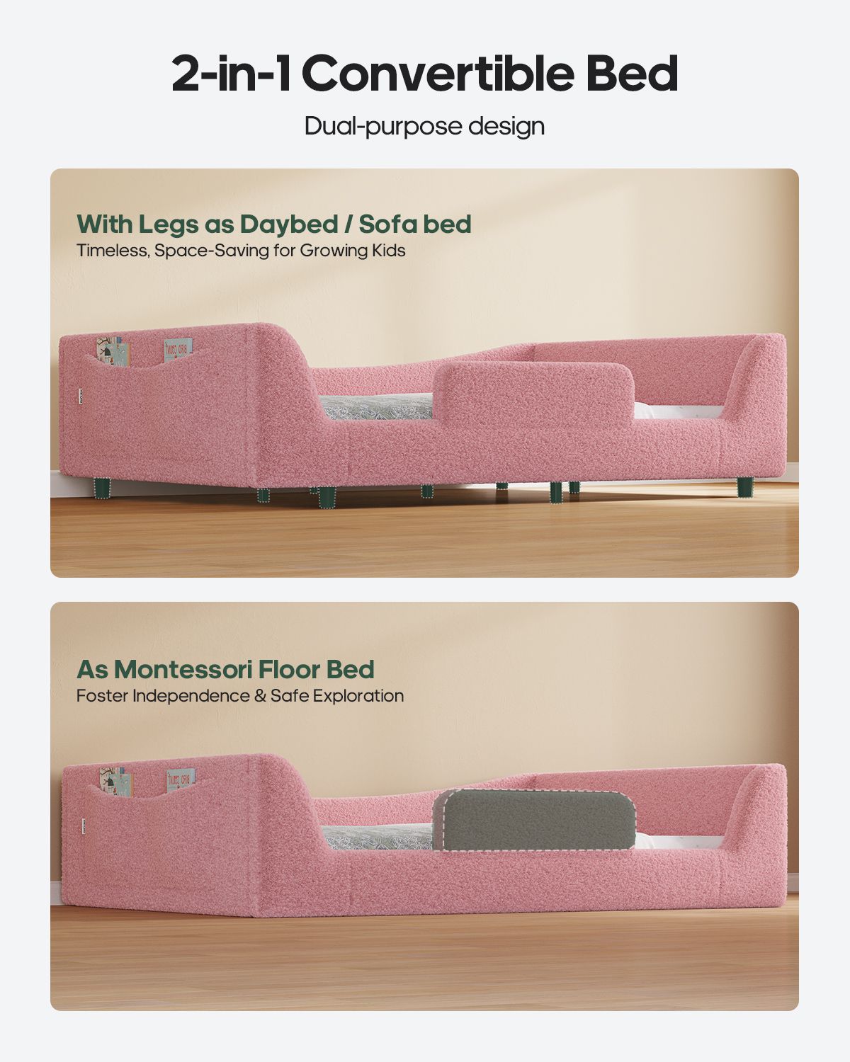 HAUOMS Full Floor Bed with Slats and High Rails 2-in-1 Convertible Beds with Upholstered Teddy Boucle Curve Round Frame for Girls and Boys