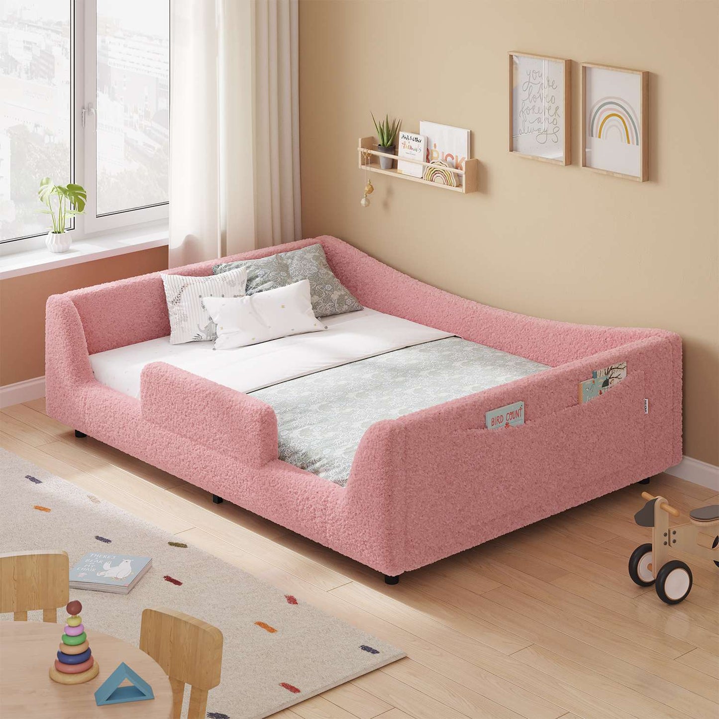 HAUOMS Full Floor Bed with Slats and High Rails 2-in-1 Convertible Beds with Upholstered Teddy Boucle Curve Round Frame for Girls and Boys