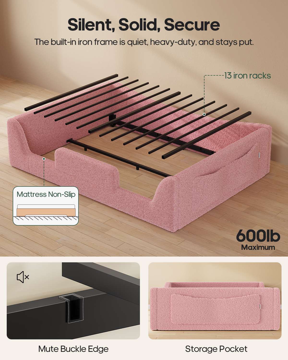 HAUOMS Full Floor Bed with Slats and High Rails 2-in-1 Convertible Beds with Upholstered Teddy Boucle Curve Round Frame for Girls and Boys