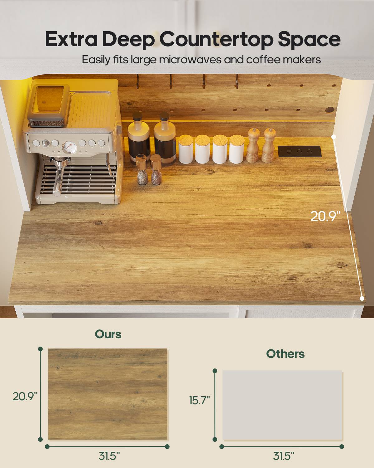 HAUOMS 72 Inch Coffee Bar with Mini Fridge Space and Countertop Bakers Rack with Power Outlets and LED Chasing Lights Kitchen Hutch with Storage