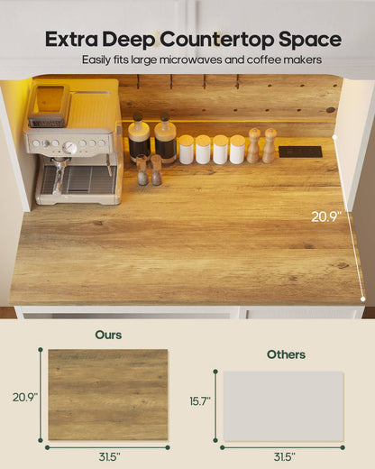 HAUOMS 72 Inch Coffee Bar with Mini Fridge Space and Countertop Bakers Rack with Power Outlets and LED Chasing Lights Kitchen Hutch with Storage
