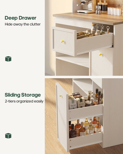 HAUOMS 72 Inch Coffee Bar with Mini Fridge Space and Countertop Bakers Rack with Power Outlets and LED Chasing Lights Kitchen Hutch with Storage