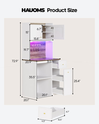 HAUOMS 72 Inch Coffee Bar with Mini Fridge Space and Countertop Bakers Rack with Power Outlets and LED Chasing Lights Kitchen Hutch with Storage