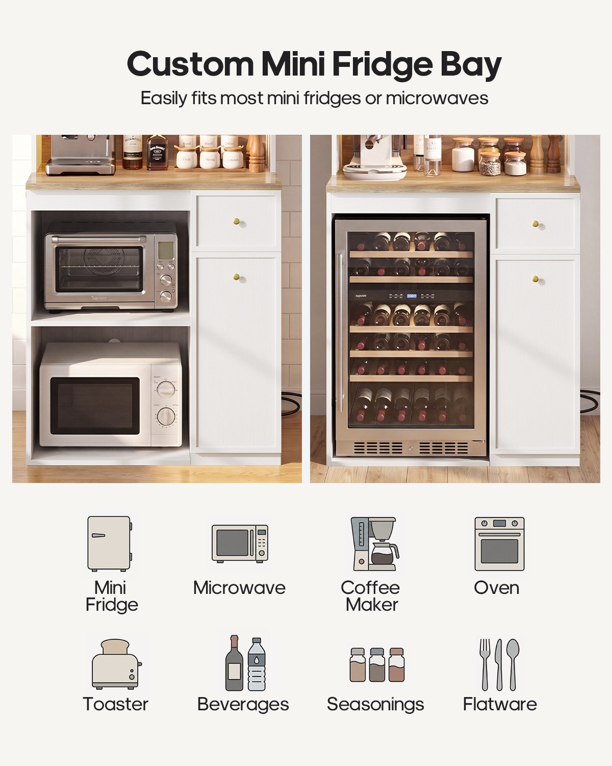 HAUOMS 72 Inch Coffee Bar with Mini Fridge Space and Countertop Bakers Rack with Power Outlets and LED Chasing Lights Kitchen Hutch with Storage