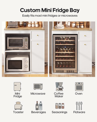 HAUOMS 72 Inch Coffee Bar with Mini Fridge Space and Countertop Bakers Rack with Power Outlets and LED Chasing Lights Kitchen Hutch with Storage