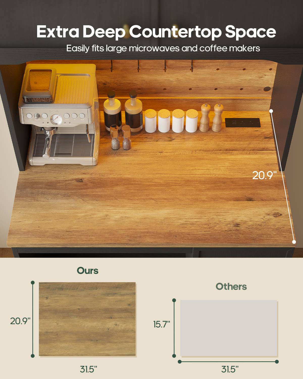 HAUOMS 72 Inch Coffee Bar with Mini Fridge Space and Countertop Bakers Rack with Power Outlets and LED Chasing Lights Kitchen Hutch with Storage