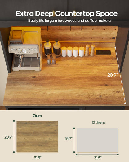 HAUOMS 72 Inch Coffee Bar with Mini Fridge Space and Countertop Bakers Rack with Power Outlets and LED Chasing Lights Kitchen Hutch with Storage