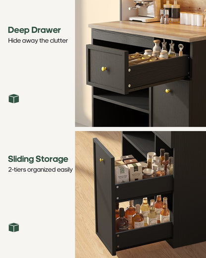 HAUOMS 72 Inch Coffee Bar with Mini Fridge Space and Countertop Bakers Rack with Power Outlets and LED Chasing Lights Kitchen Hutch with Storage