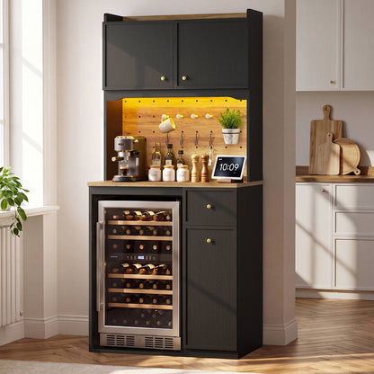 HAUOMS 72 Inch Coffee Bar with Mini Fridge Space and Countertop Bakers Rack with Power Outlets and LED Chasing Lights Kitchen Hutch with Storage