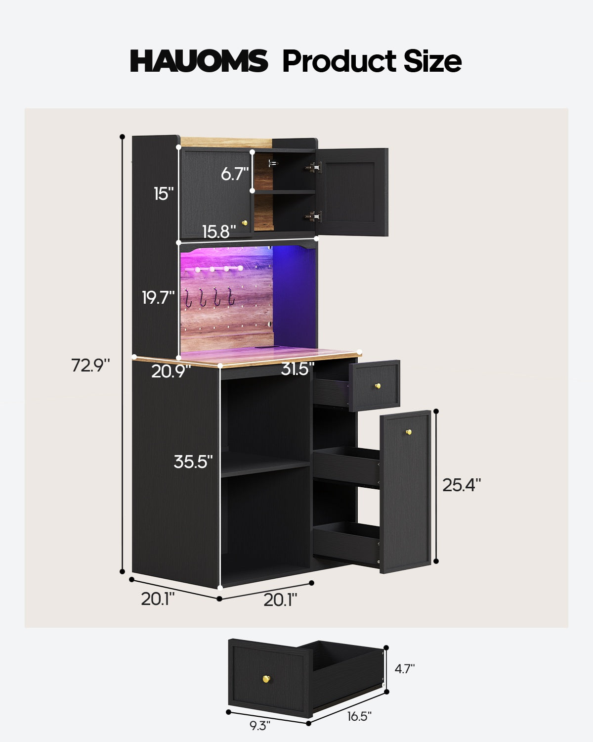 HAUOMS 72 Inch Coffee Bar with Mini Fridge Space and Countertop Bakers Rack with Power Outlets and LED Chasing Lights Kitchen Hutch with Storage