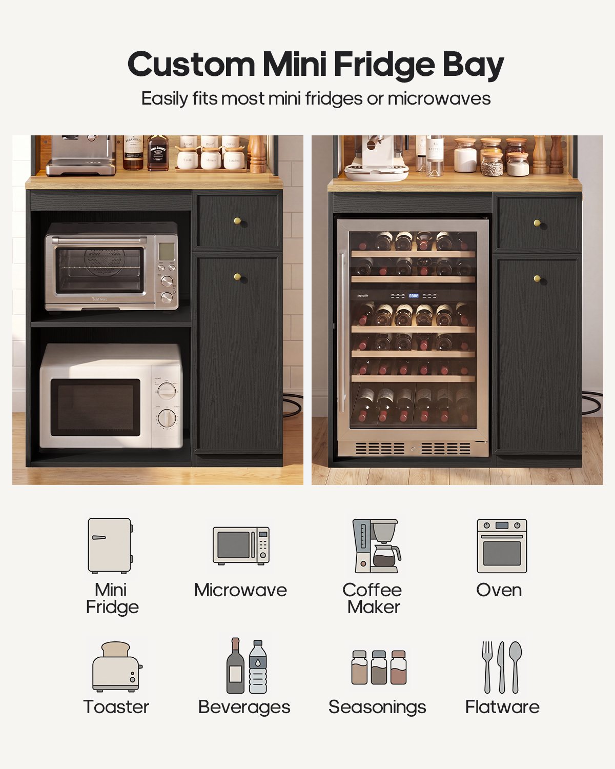 HAUOMS 72 Inch Coffee Bar with Mini Fridge Space and Countertop Bakers Rack with Power Outlets and LED Chasing Lights Kitchen Hutch with Storage