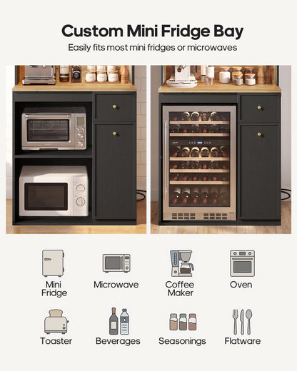 HAUOMS 72 Inch Coffee Bar with Mini Fridge Space and Countertop Bakers Rack with Power Outlets and LED Chasing Lights Kitchen Hutch with Storage