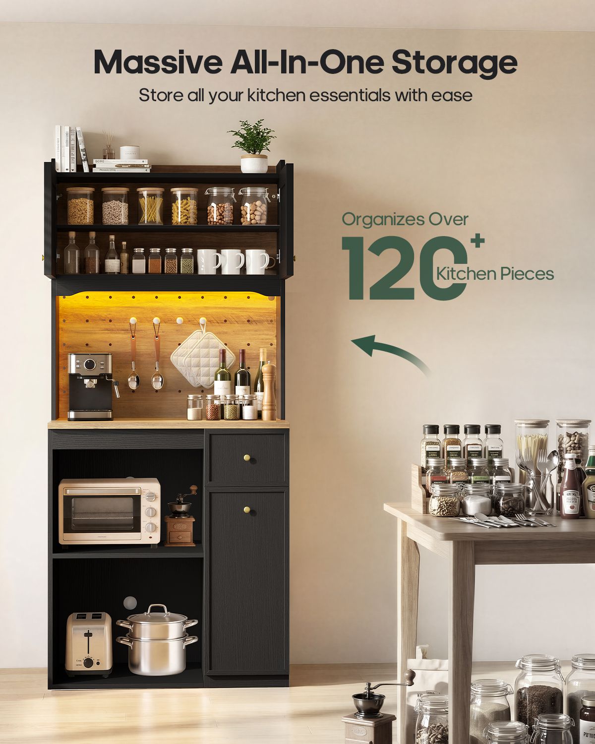 HAUOMS 72 Inch Coffee Bar with Mini Fridge Space and Countertop Bakers Rack with Power Outlets and LED Chasing Lights Kitchen Hutch with Storage