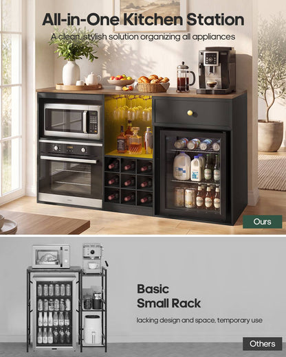 HAUOMS 55.2 Inch wide Coffee Bar Cabinet with Fridge Space and storage drawer Home Wine Bar with Power outlets and LED lights Coffee bar buffet sideboard with wine rack