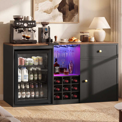 HAUOMS 55.2 Inch wide Coffee Bar Cabinet with Fridge Space and storage drawer Home Wine Bar with Power outlets and LED lights Coffee bar buffet sideboard with wine rack