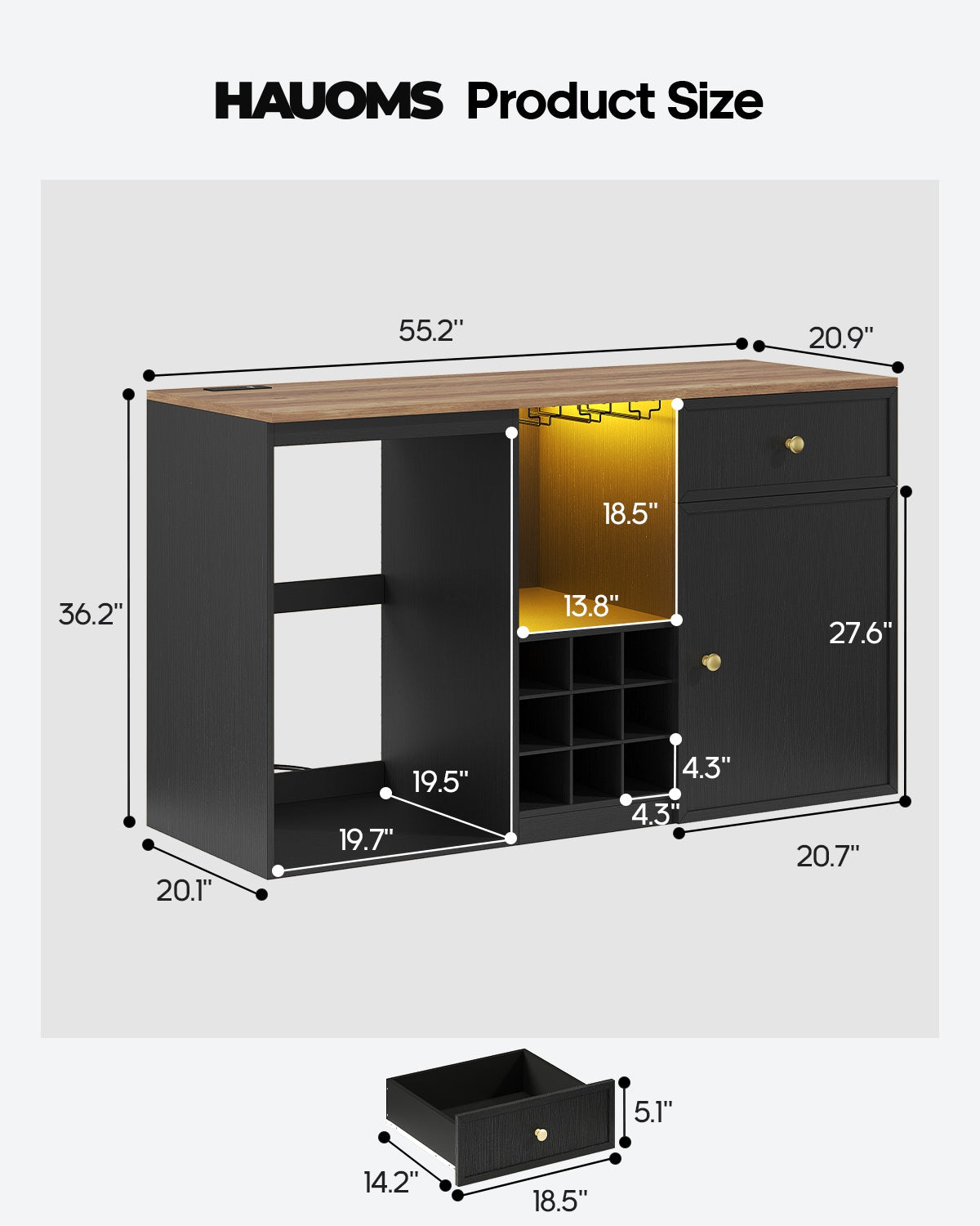 HAUOMS 55.2 Inch wide Coffee Bar Cabinet with Fridge Space and storage drawer Home Wine Bar with Power outlets and LED lights Coffee bar buffet sideboard with wine rack