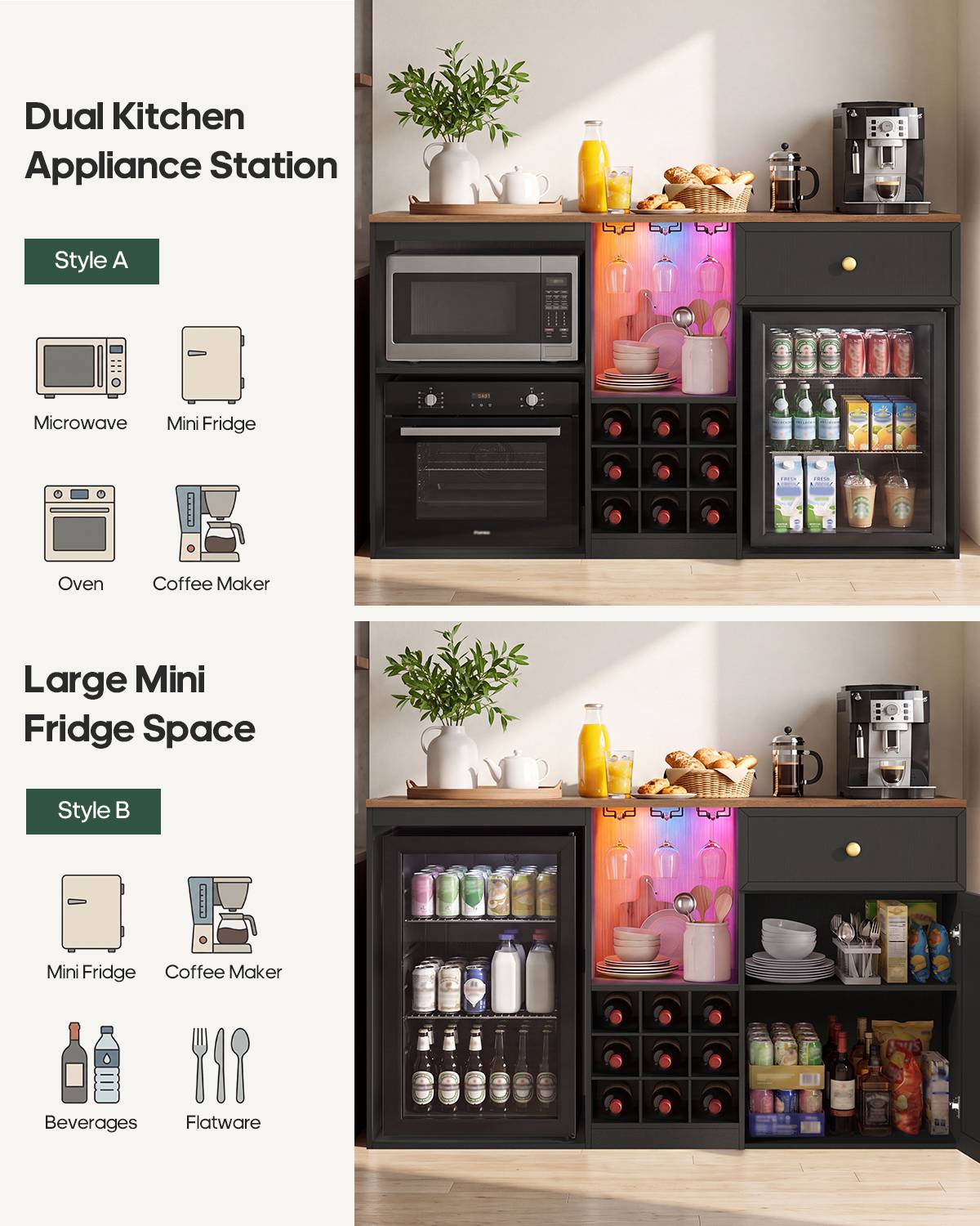 HAUOMS 55.2 Inch wide Coffee Bar Cabinet with Fridge Space and storage drawer Home Wine Bar with Power outlets and LED lights Coffee bar buffet sideboard with wine rack