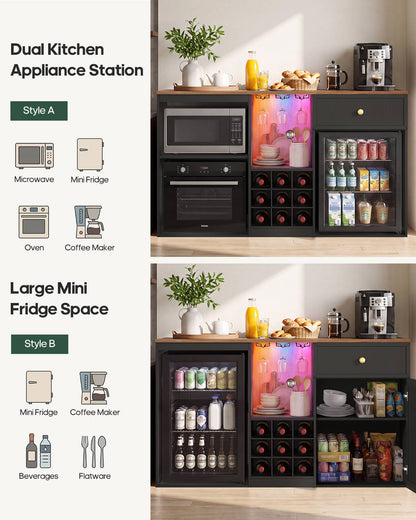 HAUOMS 55.2 Inch wide Coffee Bar Cabinet with Fridge Space and storage drawer Home Wine Bar with Power outlets and LED lights Coffee bar buffet sideboard with wine rack
