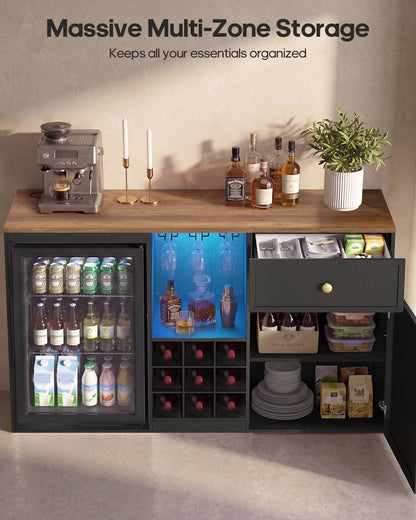 HAUOMS 55.2 Inch wide Coffee Bar Cabinet with Fridge Space and storage drawer Home Wine Bar with Power outlets and LED lights Coffee bar buffet sideboard with wine rack