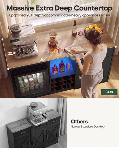 HAUOMS 55.2 Inch wide Coffee Bar Cabinet with Fridge Space and storage drawer Home Wine Bar with Power outlets and LED lights Coffee bar buffet sideboard with wine rack