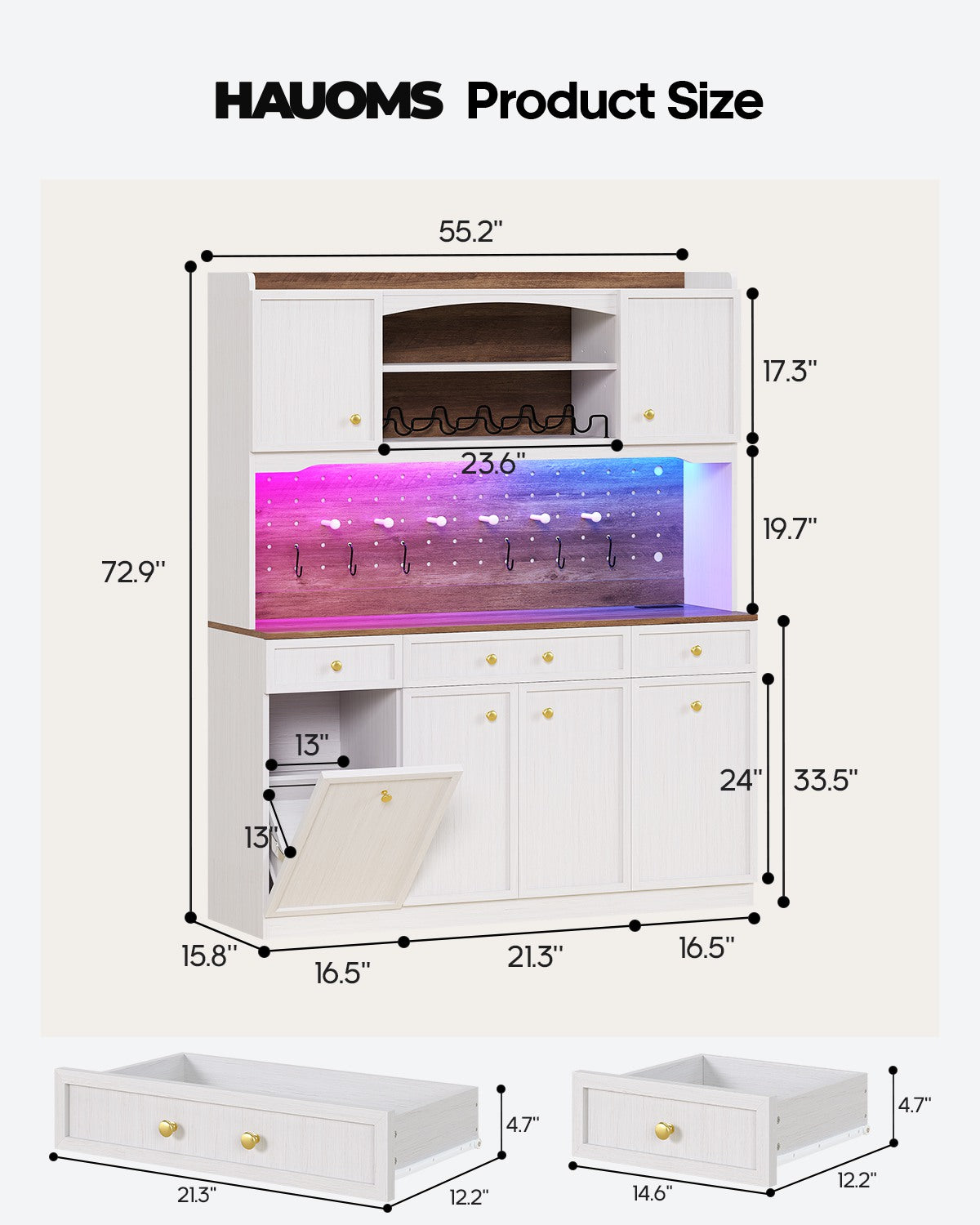 HAUOMS 72.9 Inch Tall Storage Cabinet with Charging Station and LED Lights Kitchen Pantry with Wine Rack and Spacious Drawers Ergonomic Fridge-Door Design