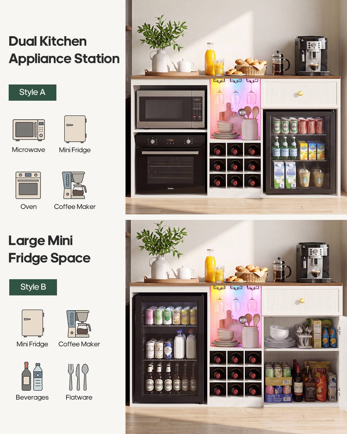 HAUOMS 55.2 Inch wide Coffee Bar Cabinet with Fridge Space and storage drawer Home Wine Bar with Power outlets and LED lights Coffee bar buffet sideboard with wine rack