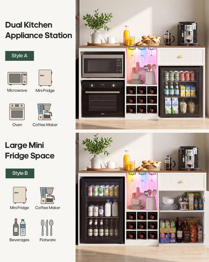HAUOMS 55.2 Inch wide Coffee Bar Cabinet with Fridge Space and storage drawer Home Wine Bar with Power outlets and LED lights Coffee bar buffet sideboard with wine rack
