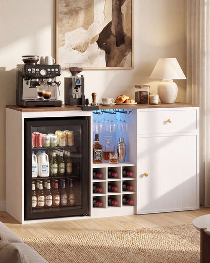 HAUOMS 55.2 Inch wide Coffee Bar Cabinet with Fridge Space and storage drawer Home Wine Bar with Power outlets and LED lights Coffee bar buffet sideboard with wine rack