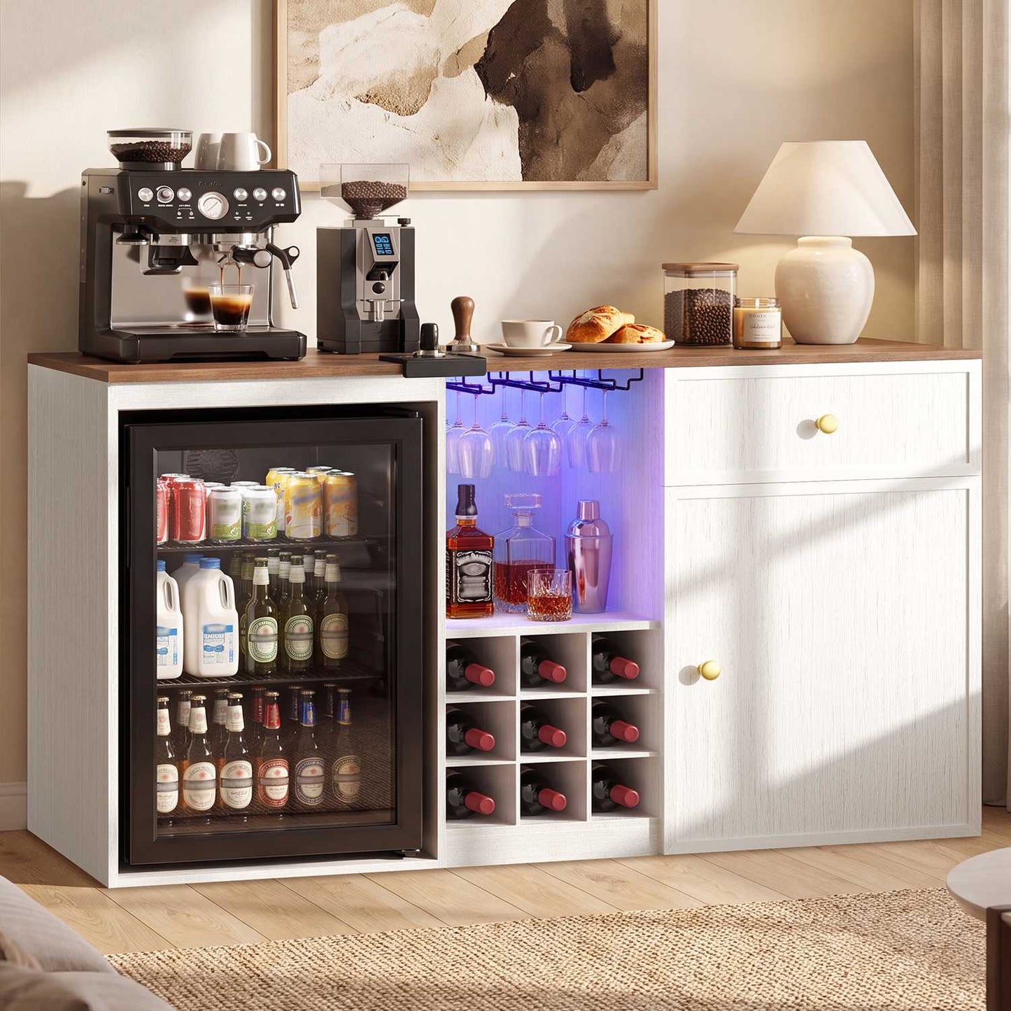 HAUOMS 55.2 Inch wide Coffee Bar Cabinet with Fridge Space and storage drawer Home Wine Bar with Power outlets and LED lights Coffee bar buffet sideboard with wine rack